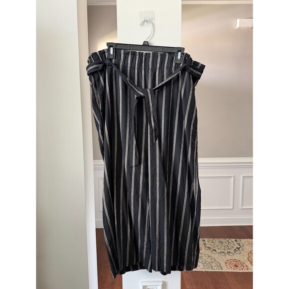 J. Jill Pants - J Jill Stretch Linen Wide Crop Straight Leg Belted Striped Black/Tan Sz XL Petit
